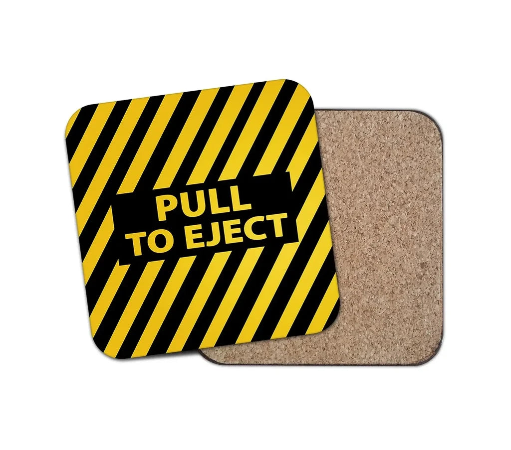 Pull To Eject aviation design on cork-backed wood with print coaster.