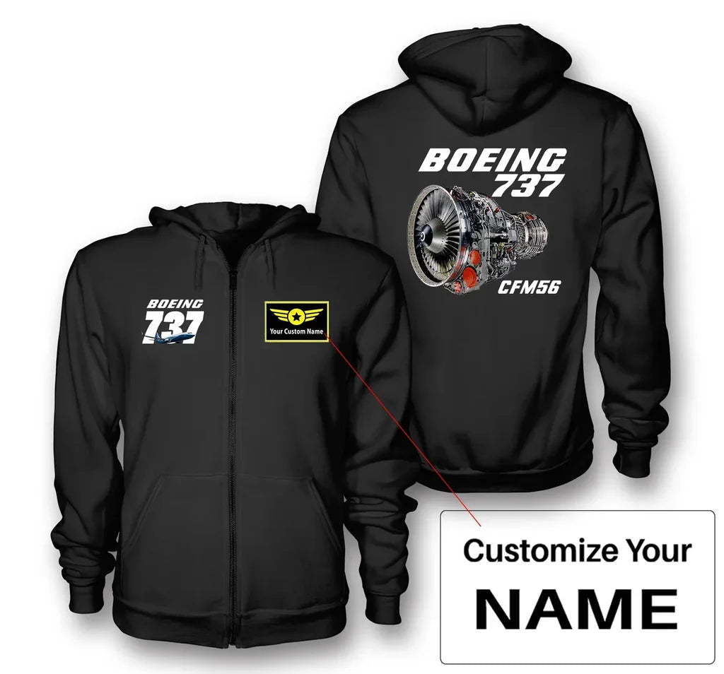 Boeing 737 Engine & CFM56 aviation design on soft cotton blend zipped hoodie.