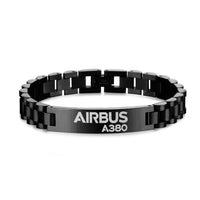 Thumbnail for Airbus A380 & Text aviation-themed chain bracelet, polished stainless steel.