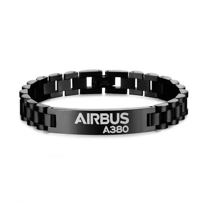 Airbus A380 & Text aviation-themed chain bracelet, polished stainless steel.