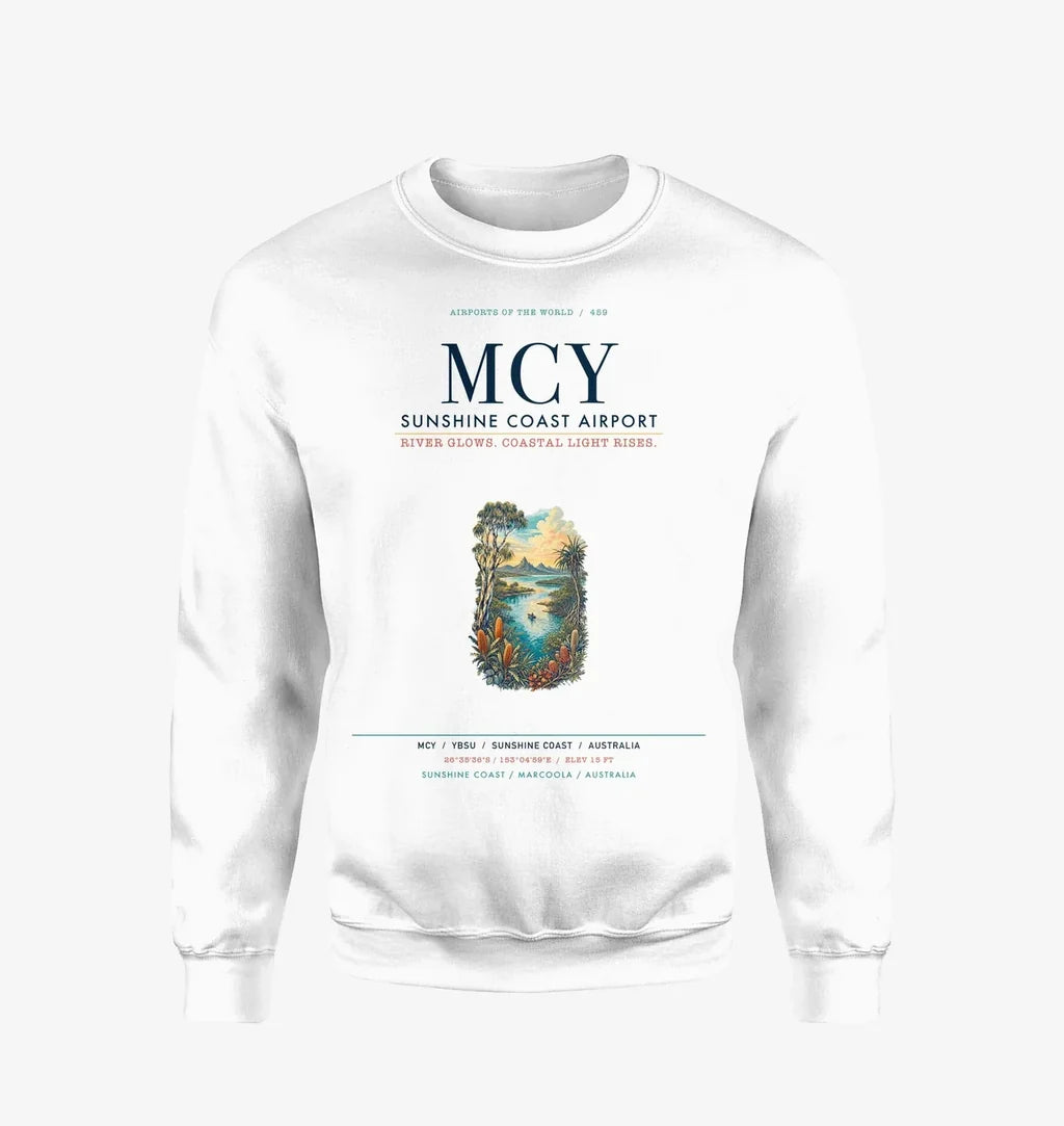 Sunshine Coast Airport (MCY) design on white sweatshirt