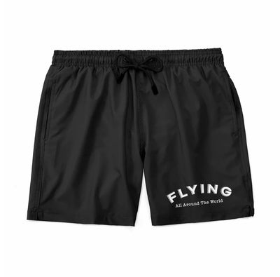 Flying All Around The World aviation design on quick-dry polyester swim trunks.