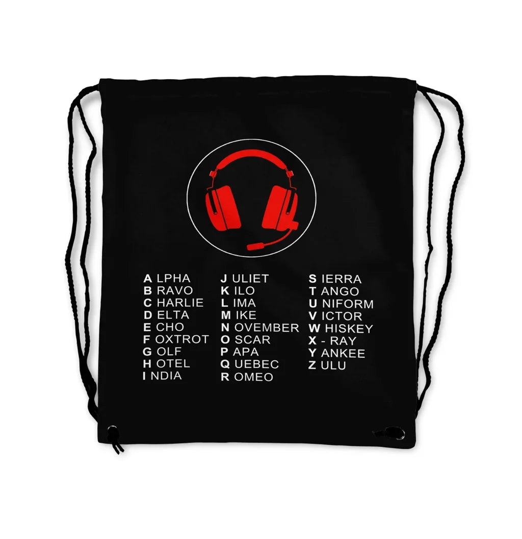 Aviation Alphabet 3 aviation print drawstring bag, lightweight polyester.