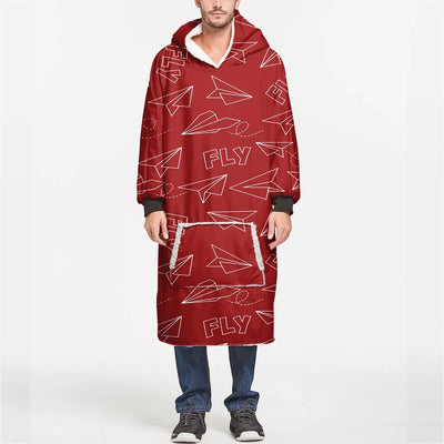 Paper Airplane & Fly (Red) aviation design on soft fleece blanket hoodie.