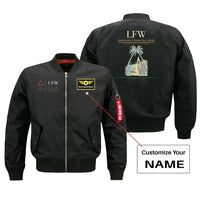 Thumbnail for Lome-Tokoin International Airport (LFW) design on black bomber jacket with custom name patch