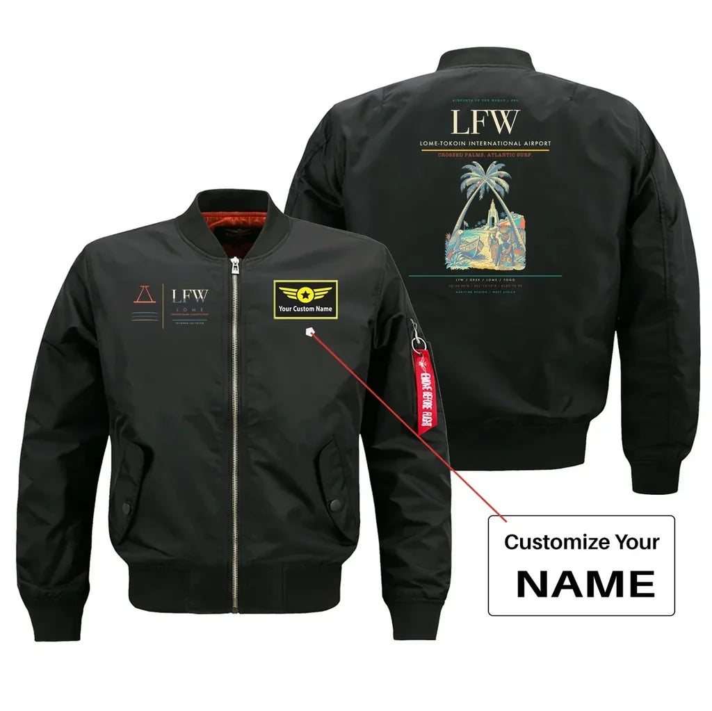 Lome-Tokoin International Airport (LFW) design on black bomber jacket with custom name patch