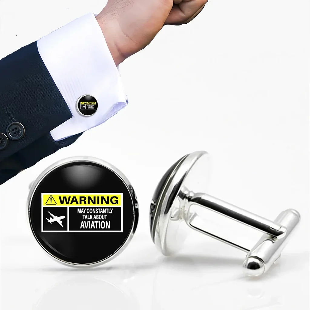 Side view of Warning May Constantly Talk About aviation cuff links in polished metal, polished finish.