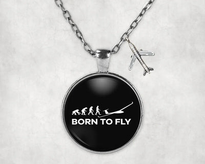 Side view of Born To Fly Glider aviation necklace in stainless steel, polished finish.