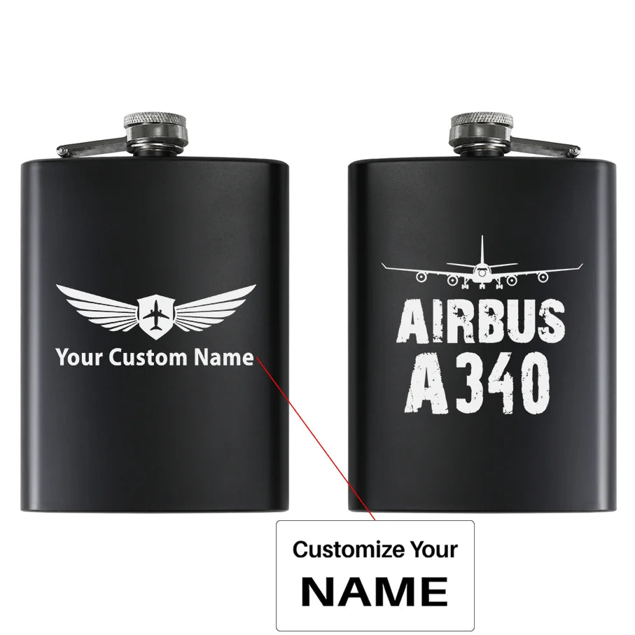Airbus A340 & Plane aviation design on stainless hip flask, compact pocket-size flask.