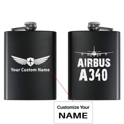 Airbus A340 & Plane aviation design on stainless hip flask, compact pocket-size flask.