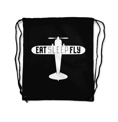 Eat Sleep Fly & Propeller aviation print drawstring bag, lightweight polyester.