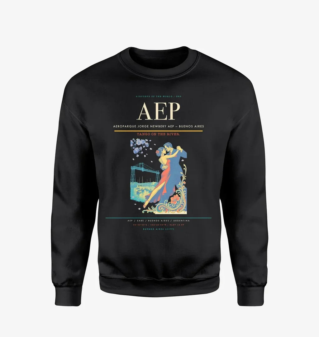 Aeroparque Jorge Newbery (AEP) design on black sweatshirt