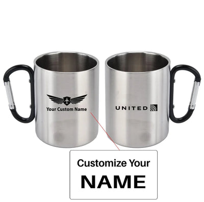United Airlines aviation design on outdoor mug, durable insulated construction.
