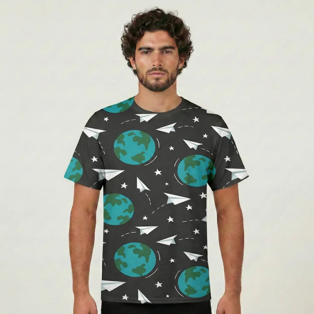 Paper Planes & Earth aviation design printed on soft cotton 3D-print T-shirt.