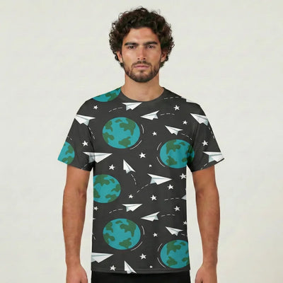 Paper Planes & Earth aviation design printed on soft cotton 3D-print T-shirt.
