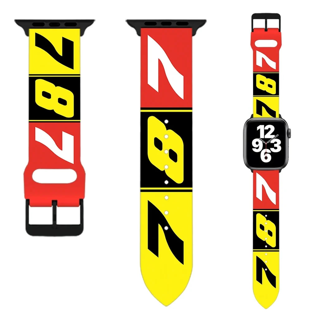 Side view of Flat Colourful 787 aviation Apple Watch band in soft silicone, polished finish.