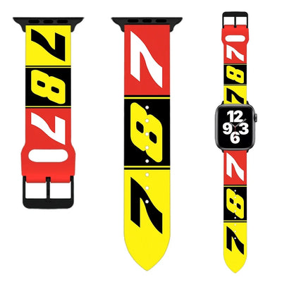 Side view of Flat Colourful 787 aviation Apple Watch band in soft silicone, polished finish.