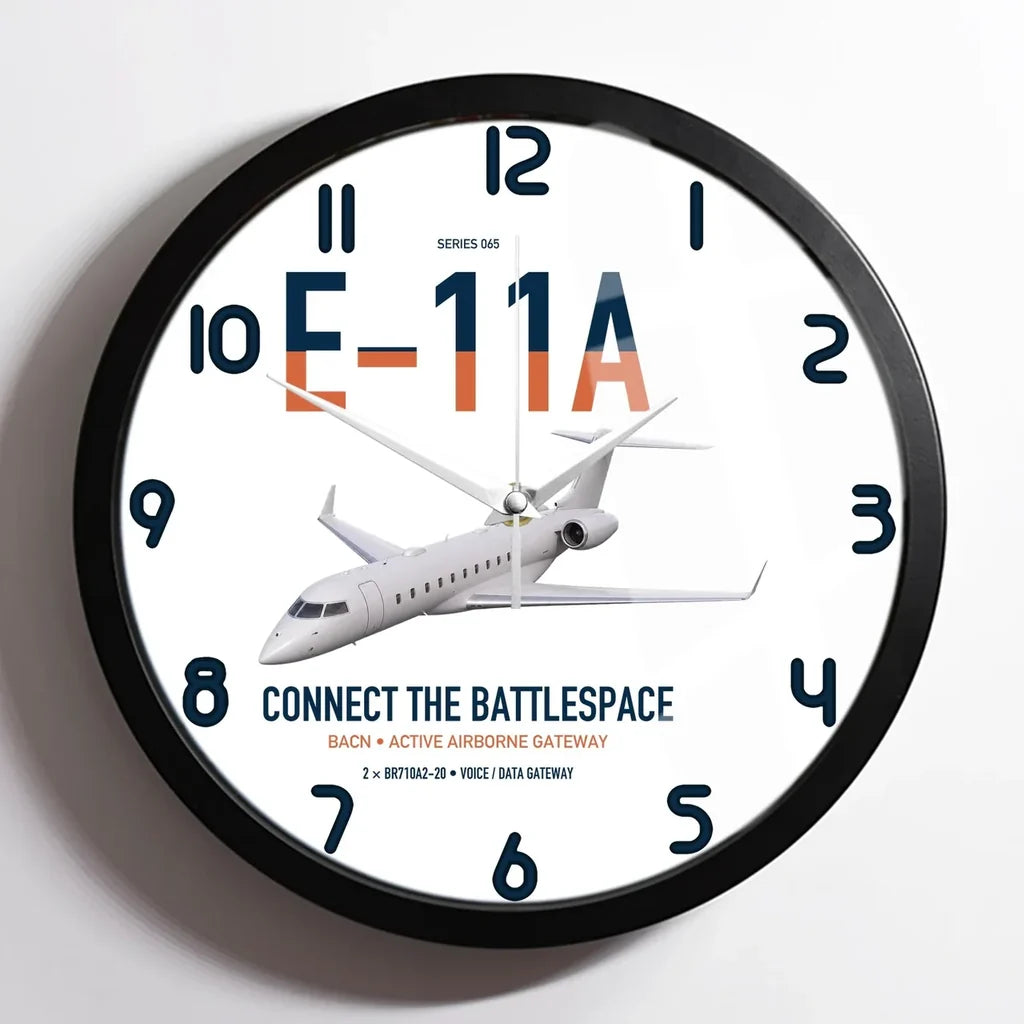 E-11A BACN design on white framed wall clock