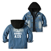 Thumbnail for Airbus A320 & Plane aviation design printed on denim shell with hood kids' hooded denim jacket.