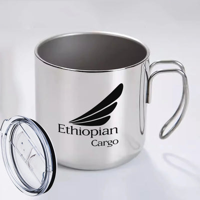 Ethiopian Airlines aviation design on portable mug, vacuum-insulated double-wall.