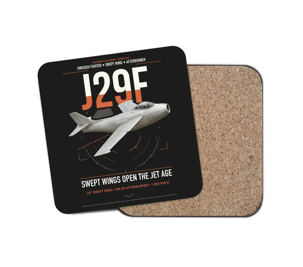 Saab J 29F Tunnan design on black 1 piece coaster