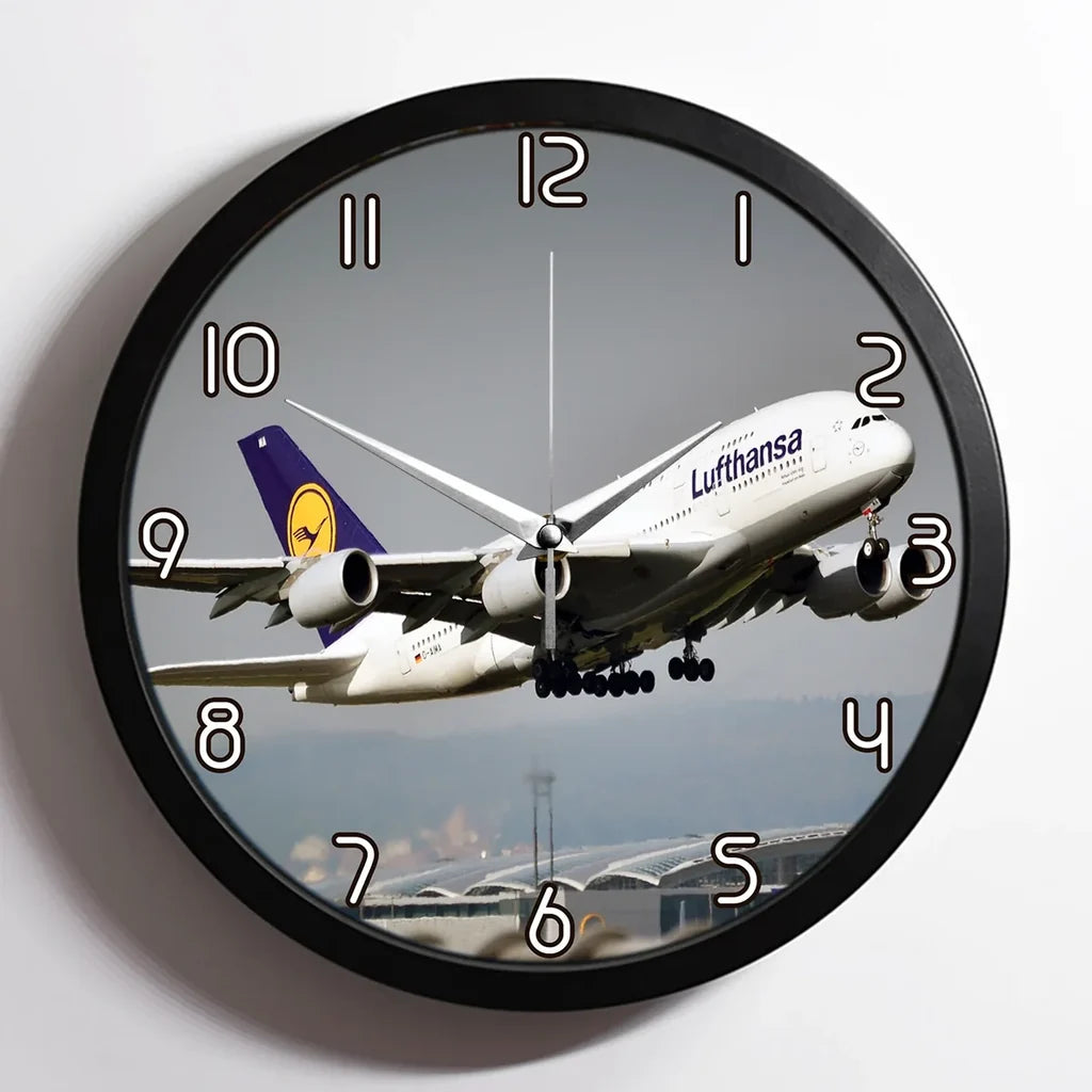 Departing Lufthansa's A380 aviation design on premium wood and metal wall clock.
