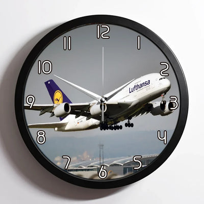 Departing Lufthansa's A380 aviation design on premium wood and metal wall clock.