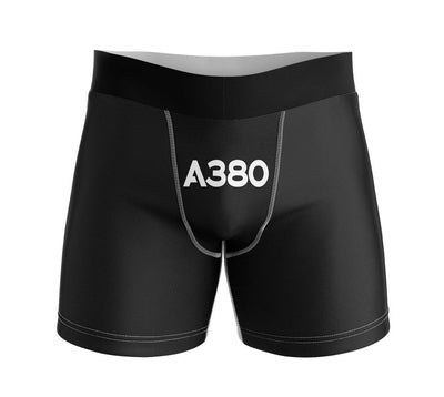 Airbus A380 Flat Text aviation design on soft cotton blend men's boxers.
