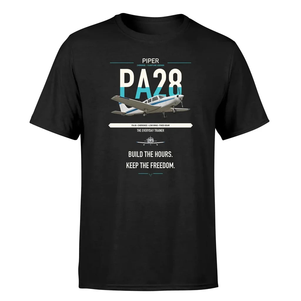 Piper PA-28 Cherokee design on black t-shirt, single-side print