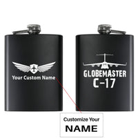 Thumbnail for GlobeMaster C-17 & Plane aviation design on stainless hip flask, compact pocket-size flask.