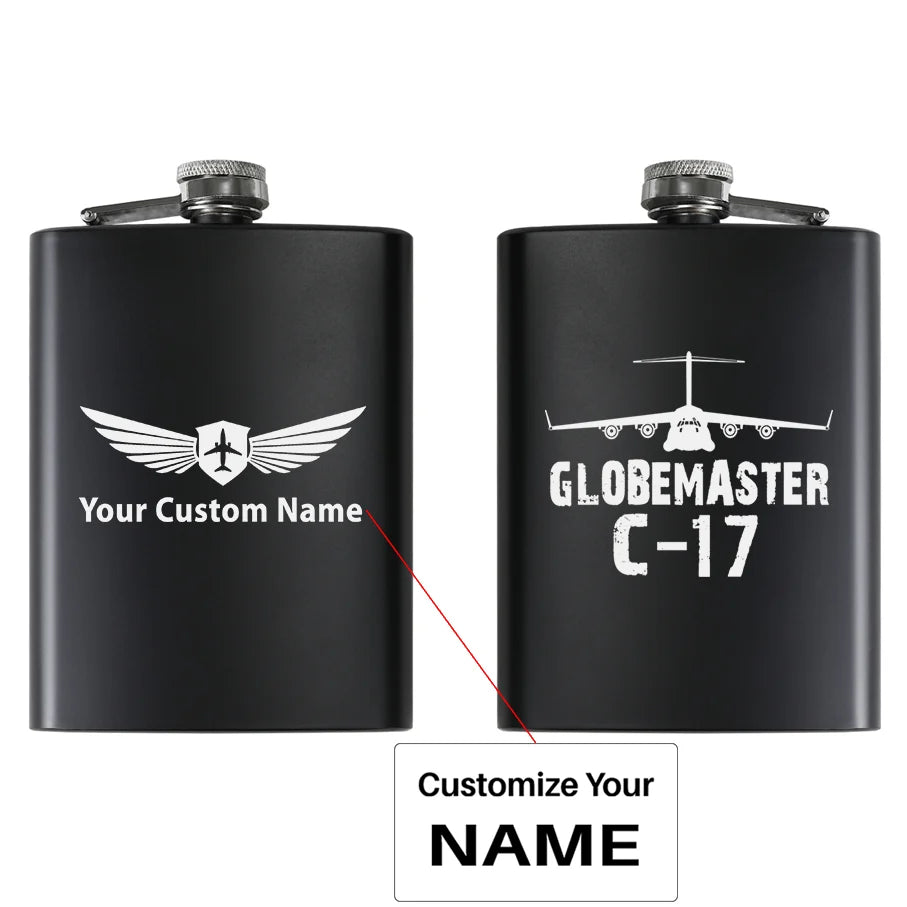 GlobeMaster C-17 & Plane aviation design on stainless hip flask, compact pocket-size flask.