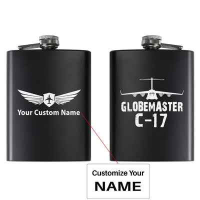 GlobeMaster C-17 & Plane aviation design on stainless hip flask, compact pocket-size flask.