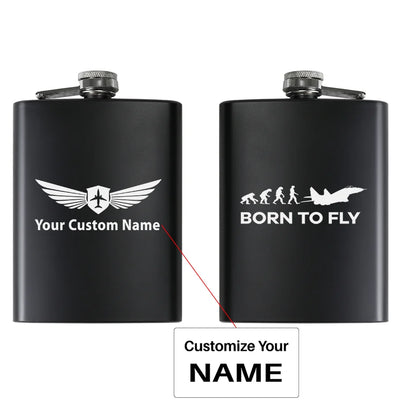Born To Fly aviation design on stainless hip flask, compact pocket-size flask.