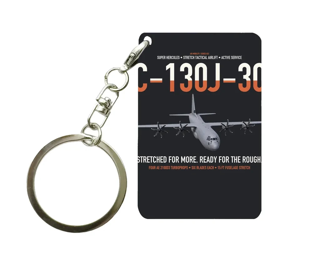 C-130J-30 Super Hercules design on black designed key chain, double-side print
