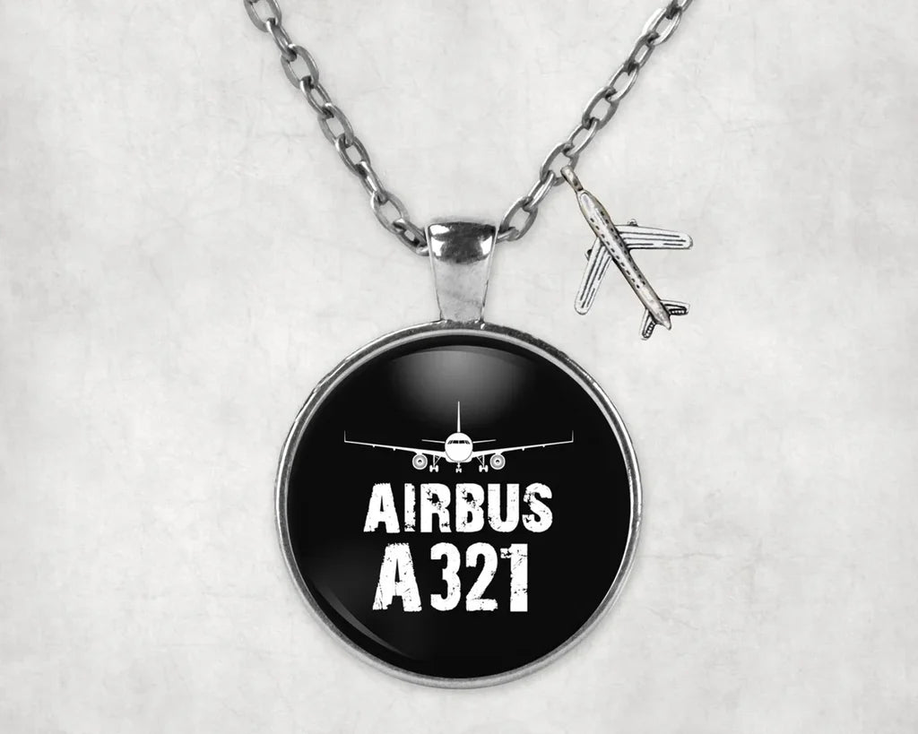 Side view of Airbus A321 & Plane aviation necklace in stainless steel, polished finish.