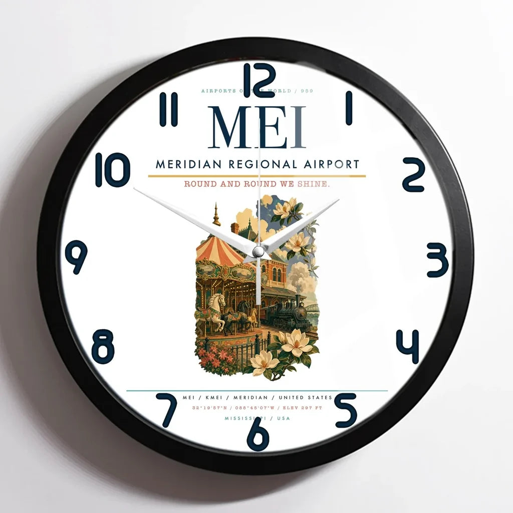 Meridian Regional Airport (MEI) design on white framed wall clock