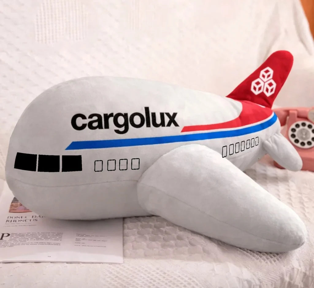 Cargolux aviation design on soft polyester filling airplane-shape decorative pillow.
