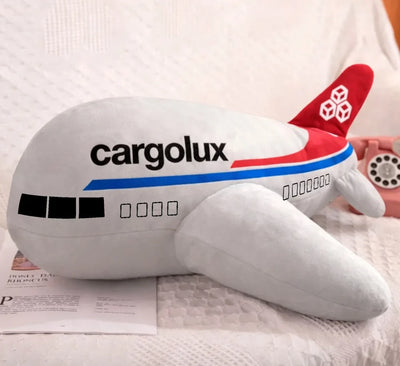 Cargolux aviation design on soft polyester filling airplane-shape decorative pillow.
