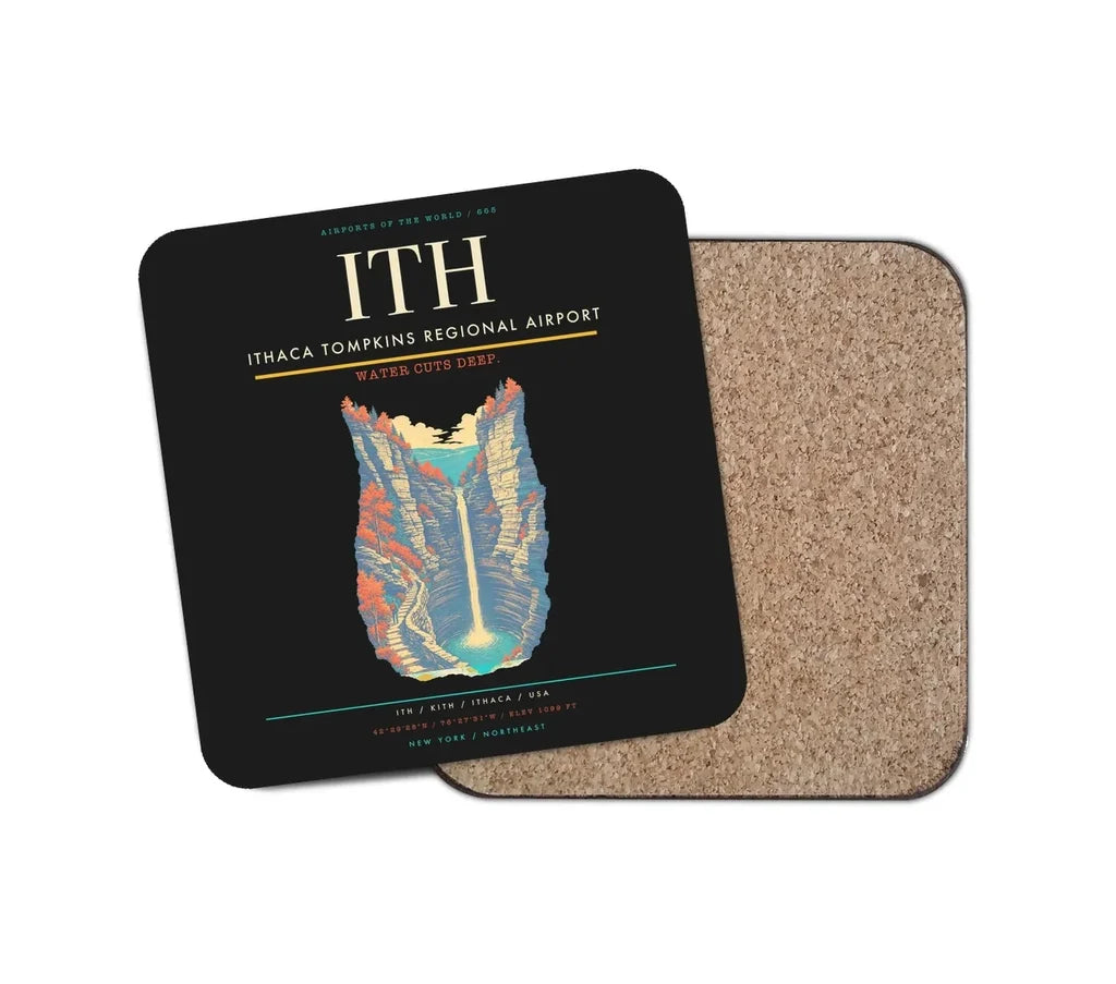 Ithaca Tompkins Regional Airport (ITH) design on black 1 piece coaster