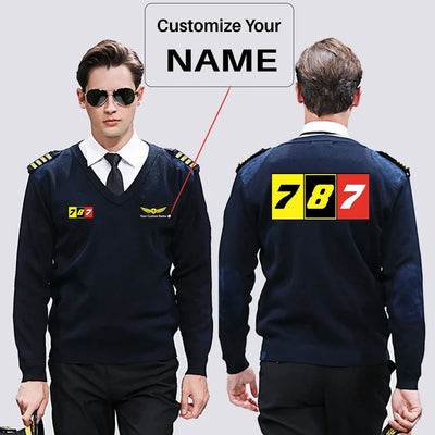 Flat Colourful 787 aviation design on premium wool blend wool pilot sweater.