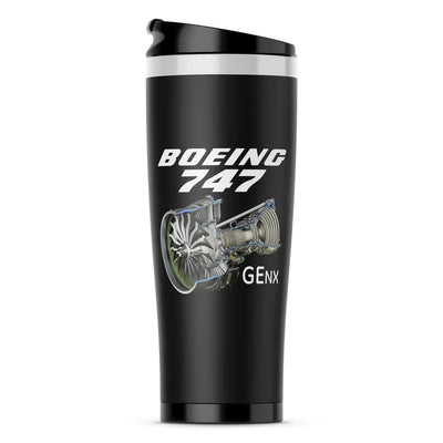 Boeing 747 & GENX Engine aviation design on travel mug no-holder, insulated double-wall.