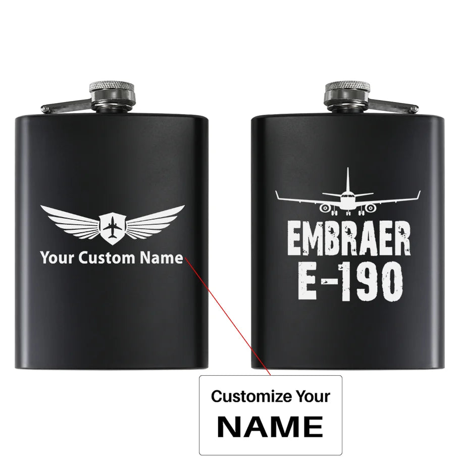 Embraer E-190 & Plane aviation design on stainless hip flask, compact pocket-size flask.