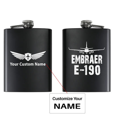 Embraer E-190 & Plane aviation design on stainless hip flask, compact pocket-size flask.