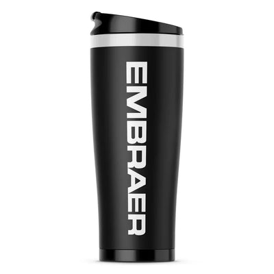 Embraer & Text aviation design on travel mug no-holder, insulated double-wall.