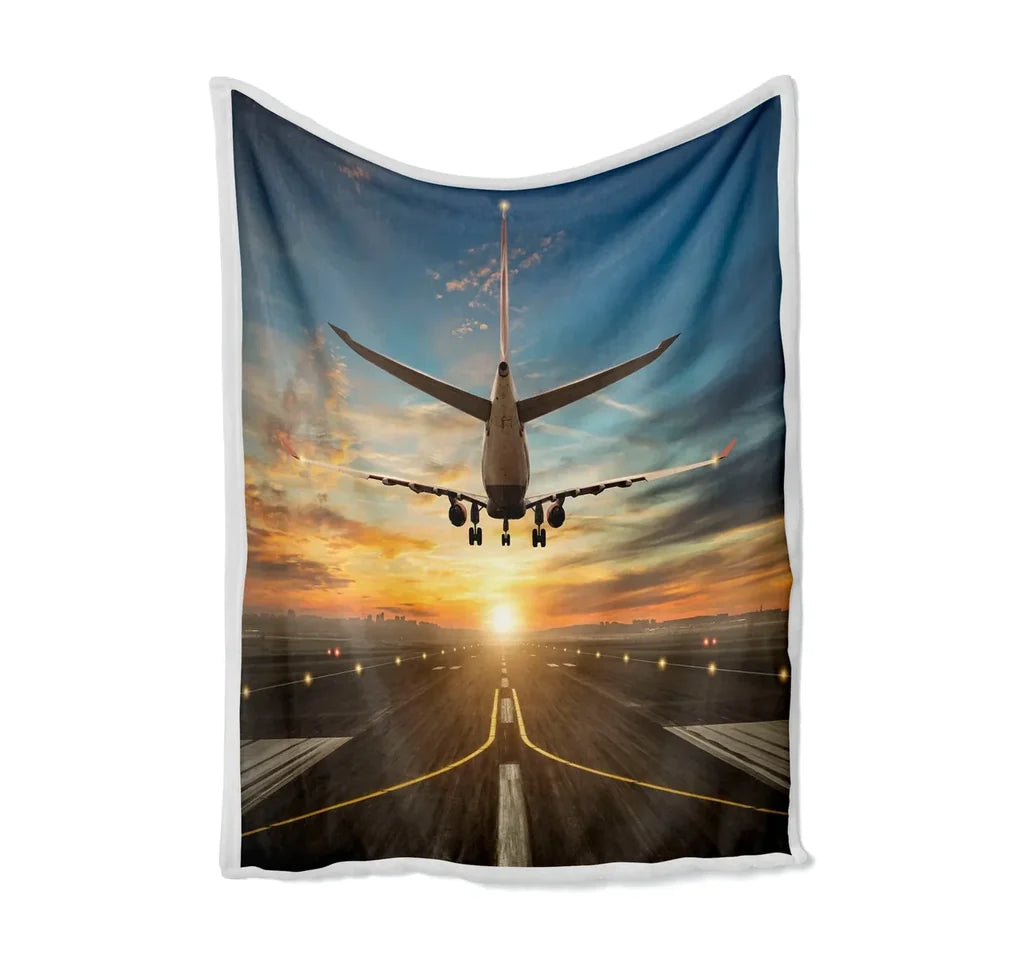 Airplane over Runway Towards the Sunrise Bed Blankets & aviation print on soft fleece blanket.