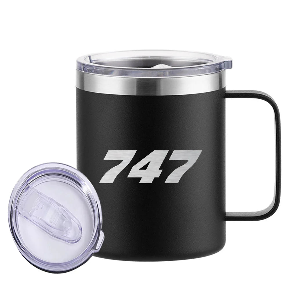 Boeing 747 Flat Text aviation design on laser-engraved mug, permanent laser engraving on stainless.
