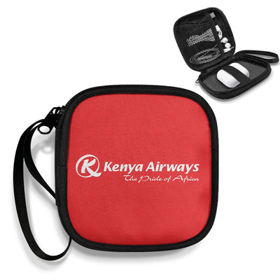 Kenya Airways Portable aviation design portable headphone bag, padded polyester construction.