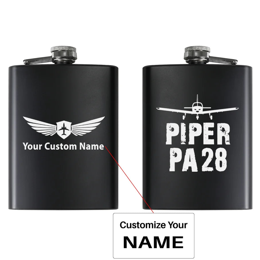 Piper PA28 & Plane aviation design on stainless hip flask, compact pocket-size flask.