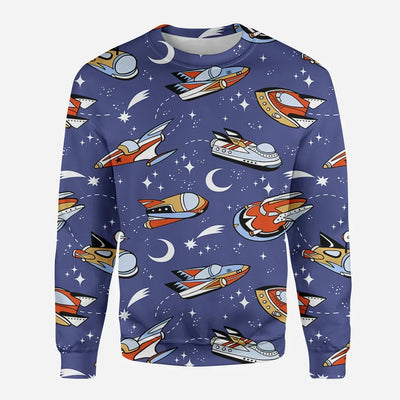 Spaceship & Stars aviation design printed on soft cotton blend 3D sweatshirt.