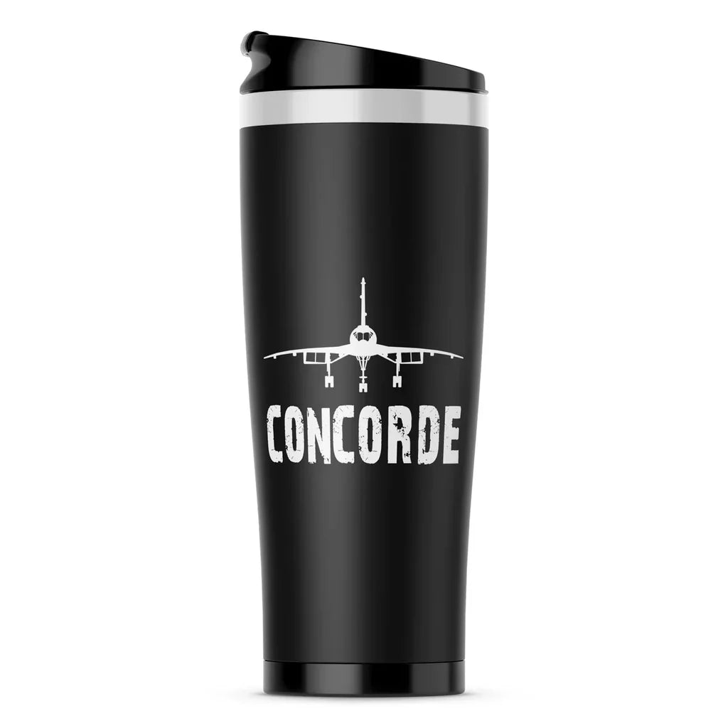 Concorde & Plane aviation design on travel mug no-holder, insulated double-wall.